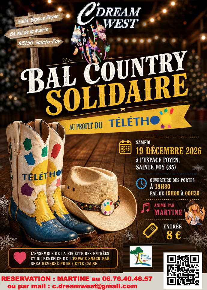 Affiche BAL COUNTRY SOLIDAIRE "TELETHON" (ouverture des portes 18h30) à Sainte Foy le 19 déc.
