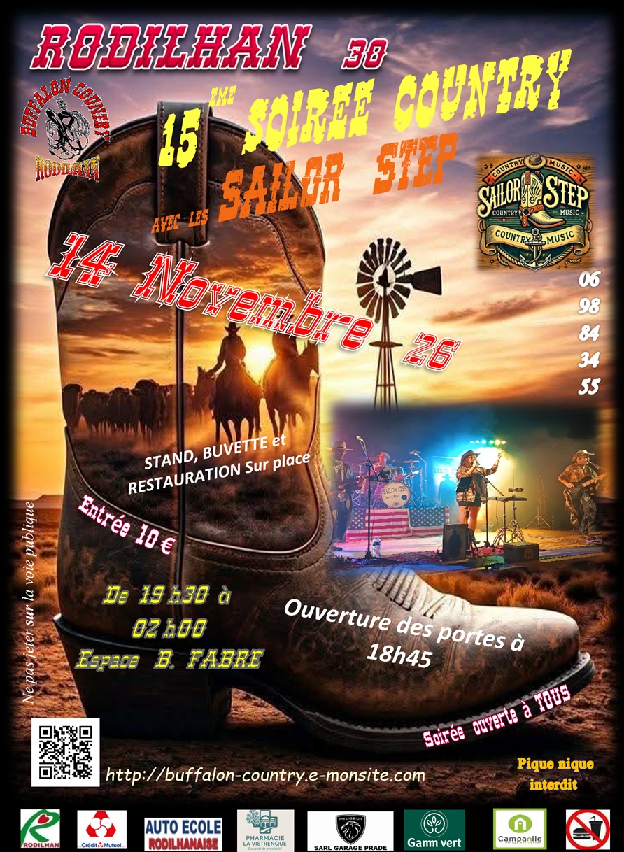 Affiche 15ème soirée annuelle 100 % country avec le groupe SAILOR STEP à RODILHAN — 15 novembre 2026